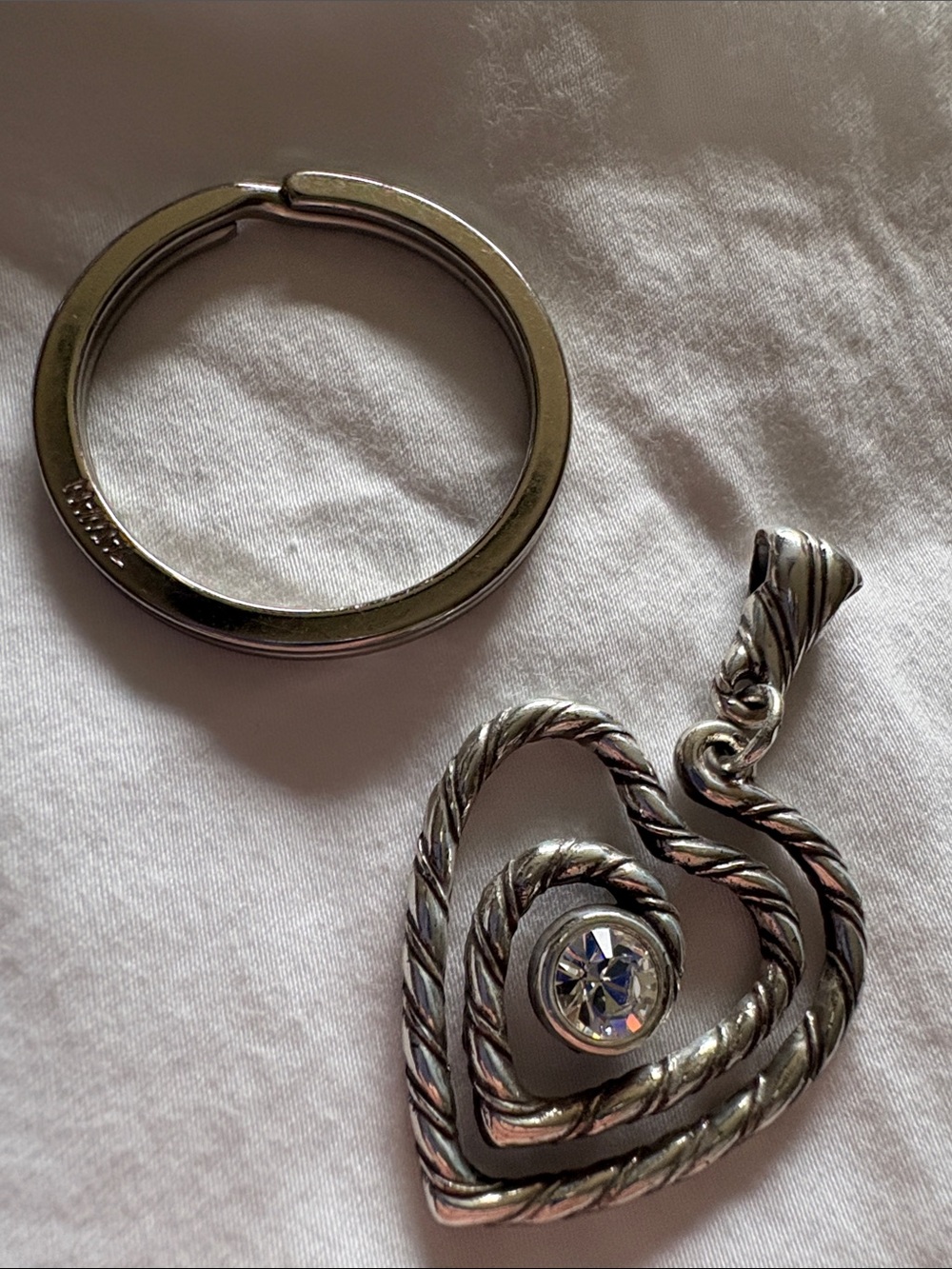 Brighton Silver-Plate Twisted Heart Key Fob or pendant with Clear Crystal